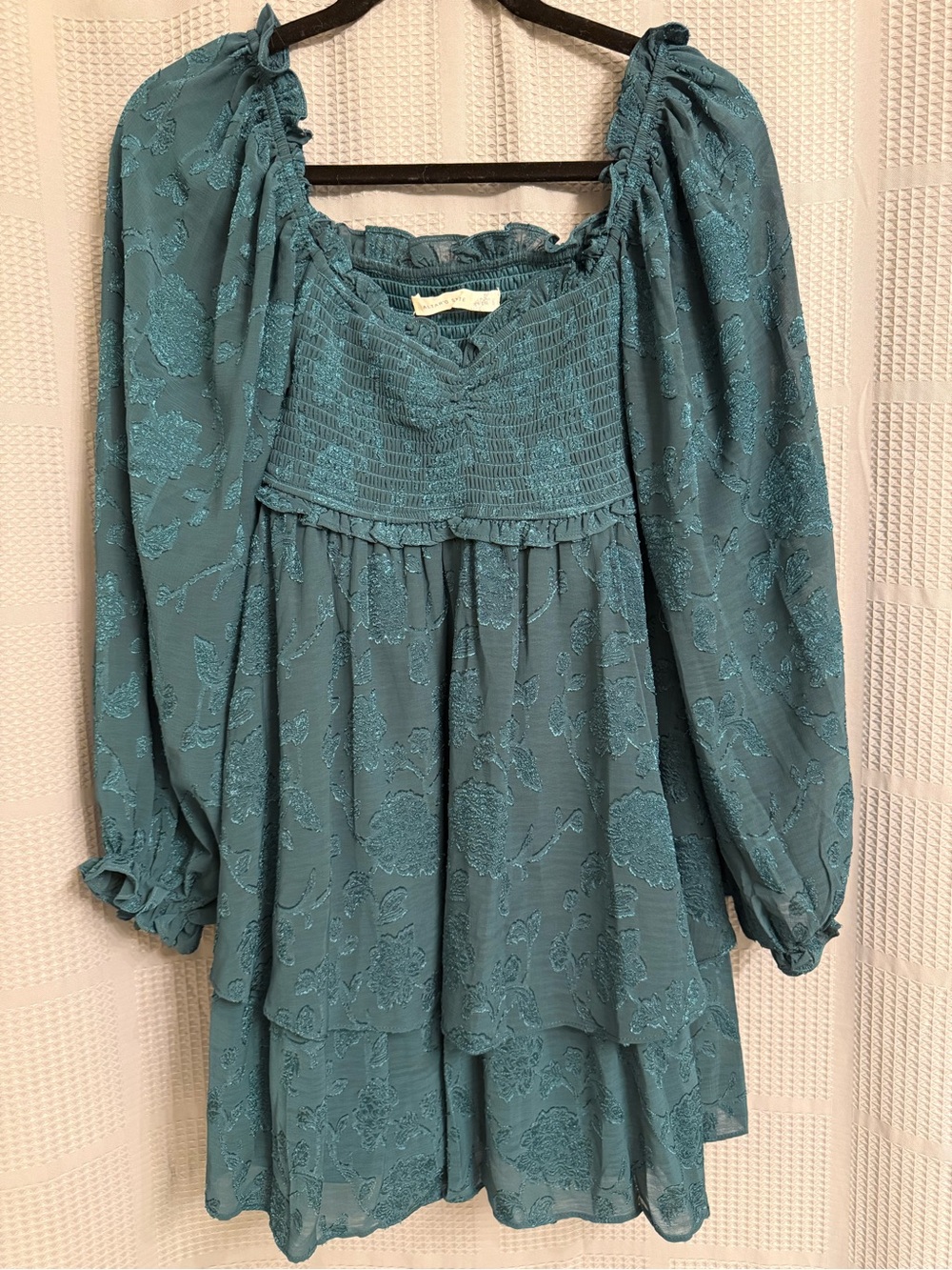 Altar'd State Teal Floral Jacquard Smocked Mini Ellenie Dress